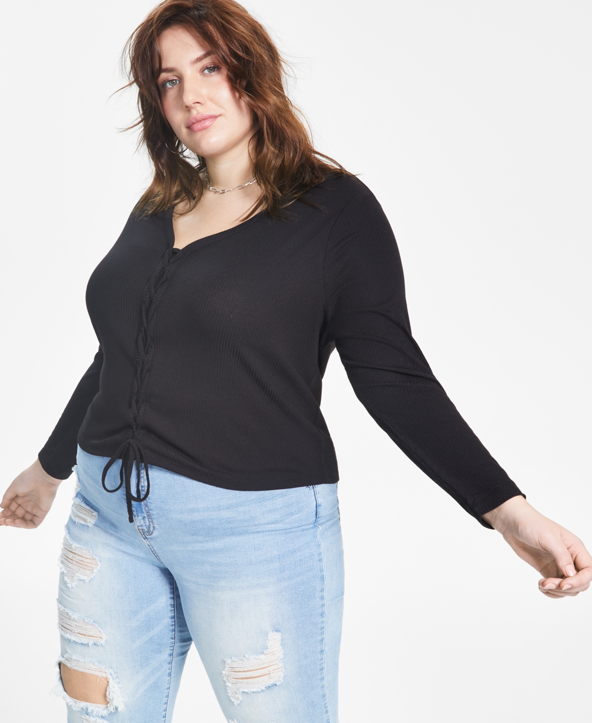 Love, Fire Trendy Plus Size Ribbed V-Neck Lace-Up Top