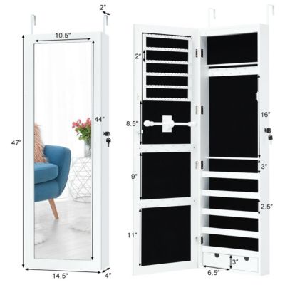 Wall Mounted Mirrored Jewelry Cabinet Organizer w/LED Lights