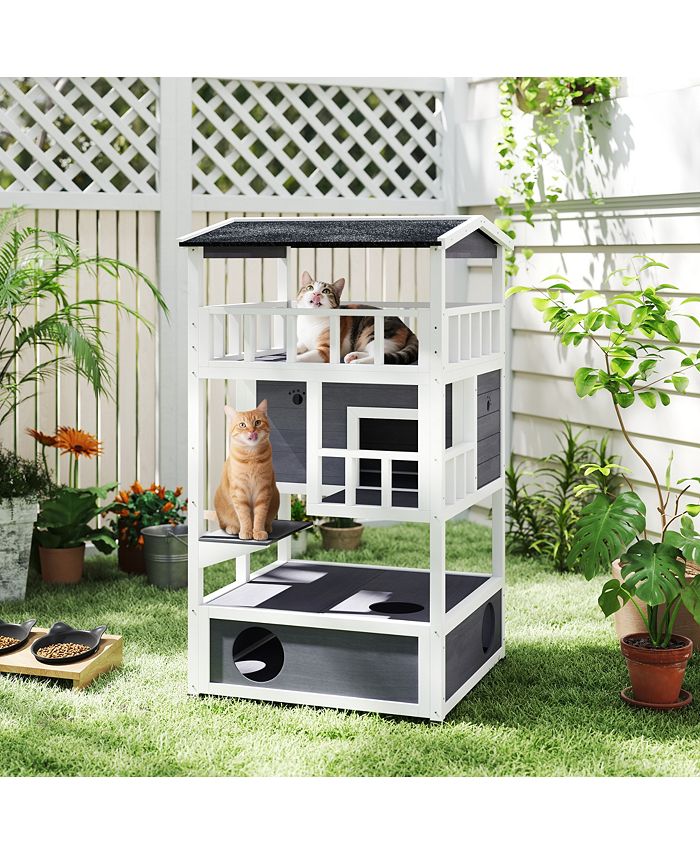 PawHut Cat House, Kitten Condo Shelter w/ Raised Base Asphalt Roof