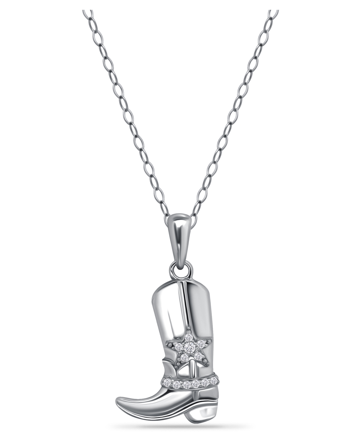 Cubic Zirconia Cowboy Boot with Sheriff Star Pendant Necklace in Sterling Silver - Sterling Silver