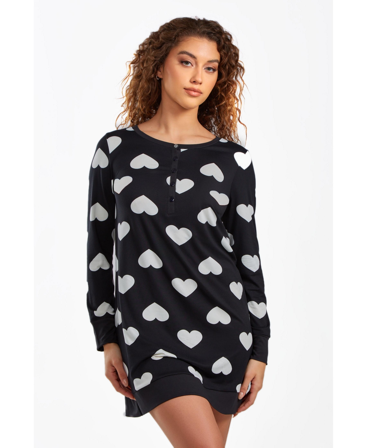 Icollection Kind Heart Plus Size Modal Sleep Top Or Dress With Button Down Top In Comfy Cozy Style In Cream-black