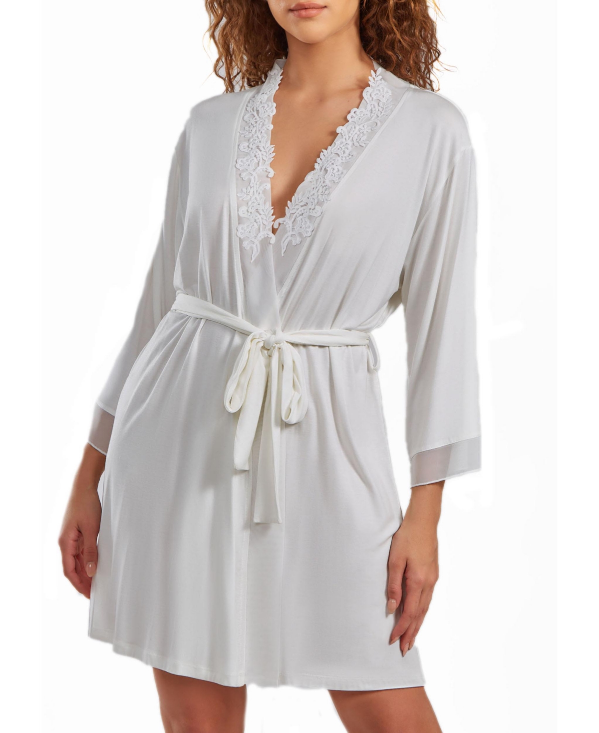 Icollection Women's Cyrus Lace Robe With Mesh Trimmed Sleeves And Self Tie With Sash In White