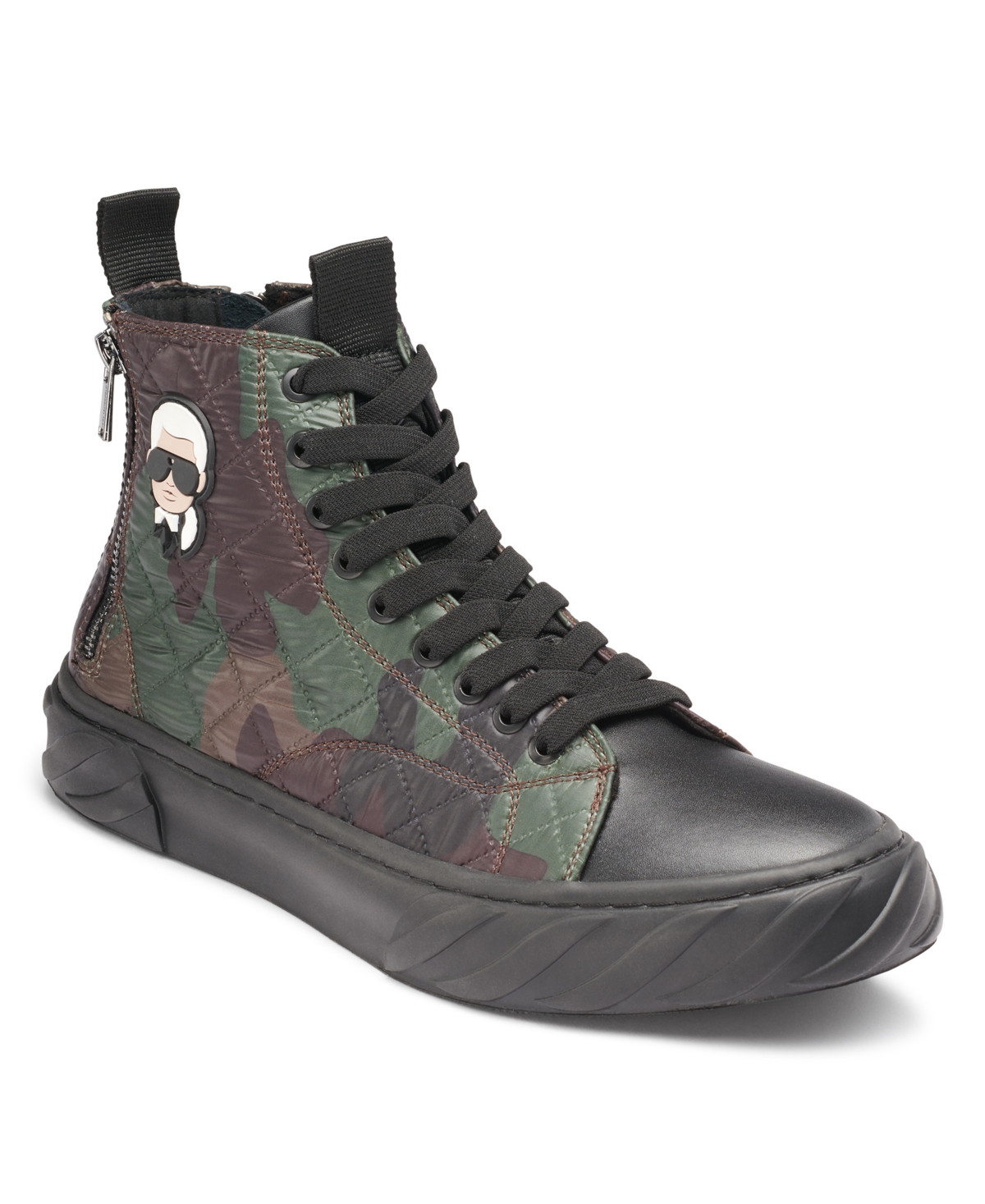 Karl Lagerfeld Men's Quilted Camo Double Back Zip High Top with Karl Head Patch Sneaker - Black, Brown