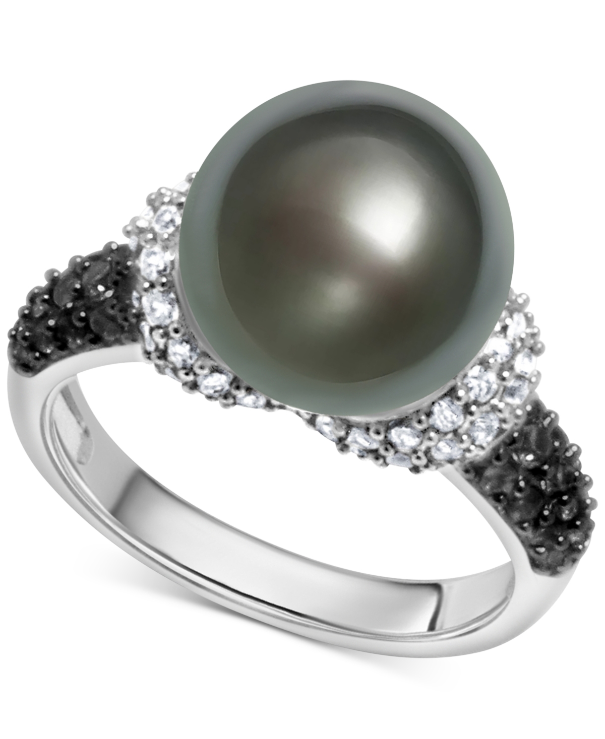 Macy's Tahitian Pearl (9mm), Black Spinel (1/2 Ct. T.w.), & White Zircon (7/8 Ct. T.w.) Ring In Sterling Si