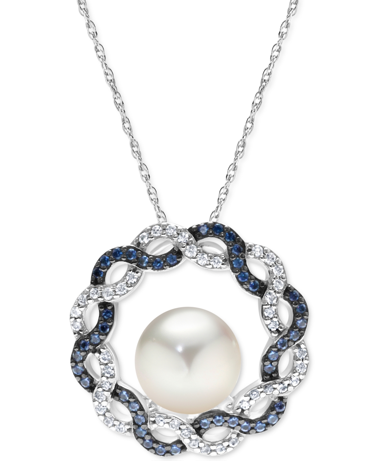 Macy's Cultured Freshwater Pearl (9mm), Sapphire (3/8 Ct. T.w.) & Zircon (3/8 Ct. T.w.) Braided Circle 18" In Sterling Silver