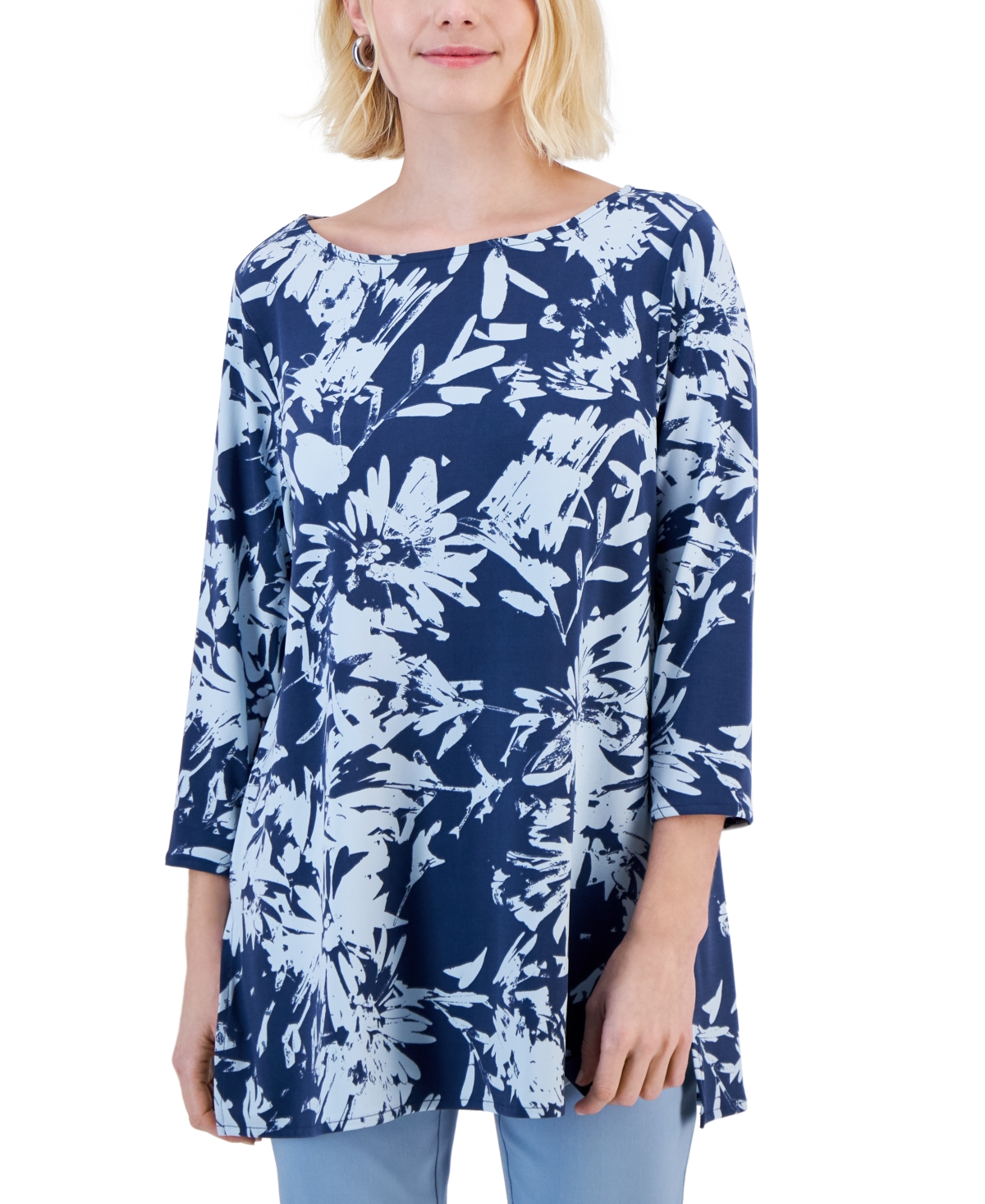 Alfani Petite Printed 3/4-sleeve Tunic Top, Created For Macy's In Floral Star Sea