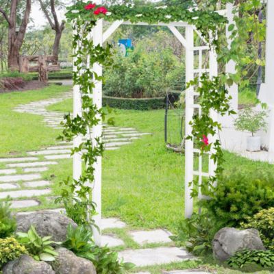 7' Wood Steel Outdoor Garden Arched Trellis Arbor w/ Fir Wood,