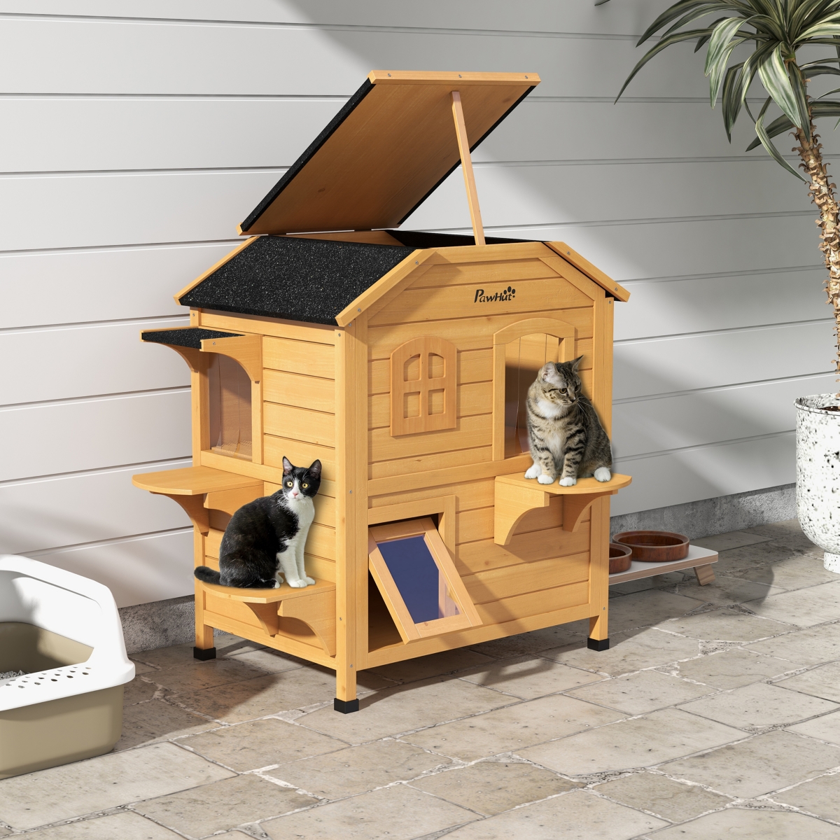 PawHut 2-Story Wooden Cat Condo Balcony & for Indoor Outdoor Use- Natural