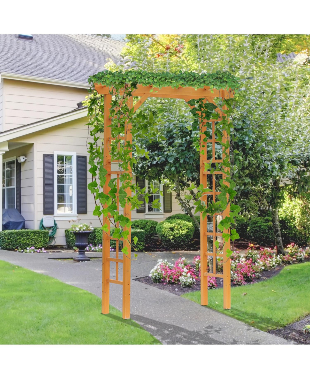 Outsunny 7' Wood Steel Outdoor Garden Arched Trellis Arbor w/ Fir Wood,