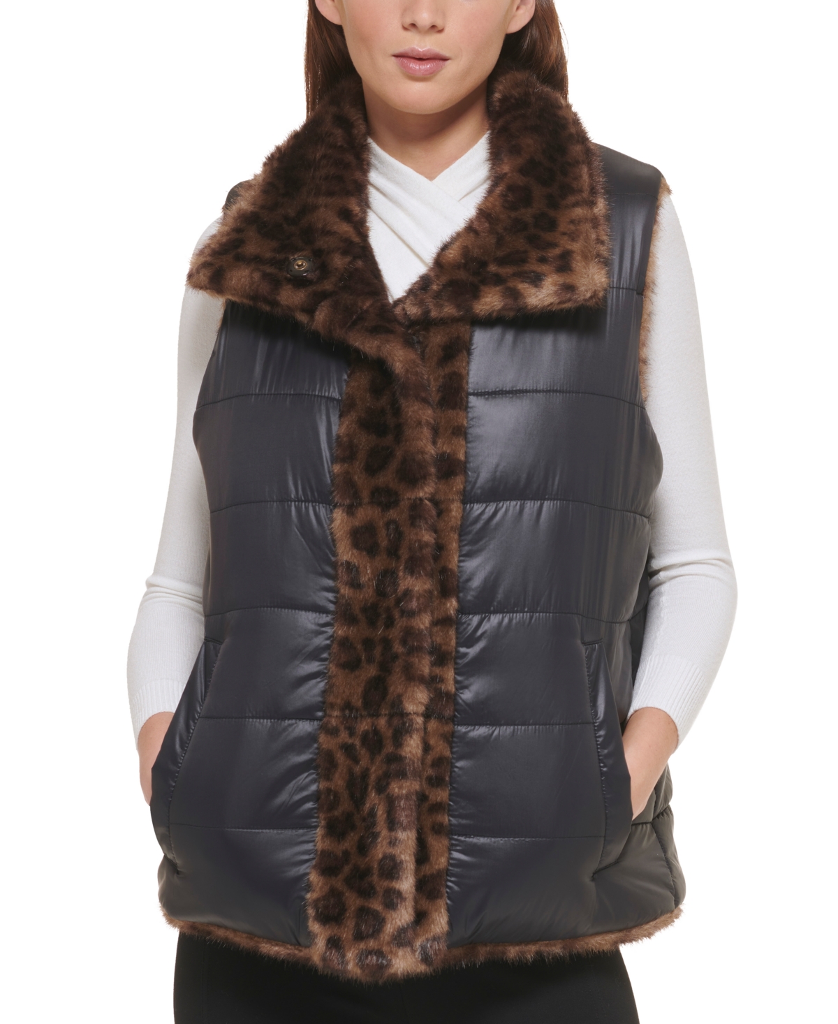 Donna Karan Women's Faux-Fur Reversible Stand-Collar Vest