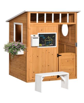 Kids Outdoor Wooden Playhouse Garden Cottage, w/ Door Bench Blackboard