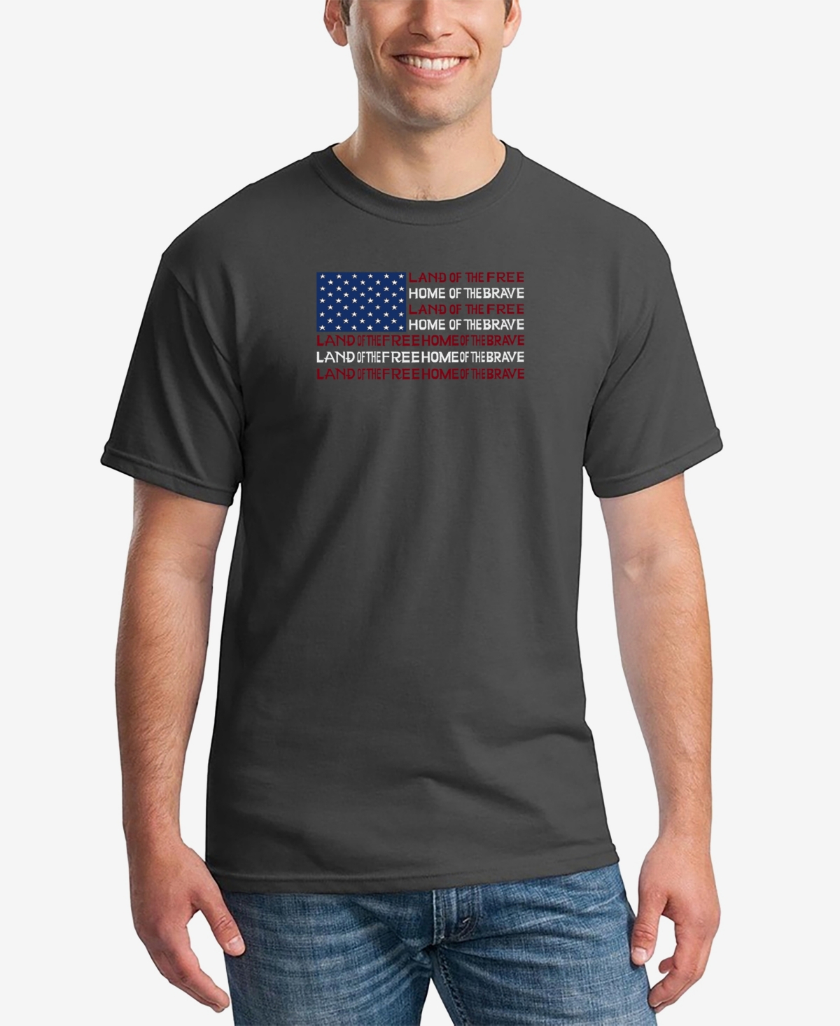 La Pop Art Men's Land of the Free American Flag Word Art Short Sleeve T-shirt
