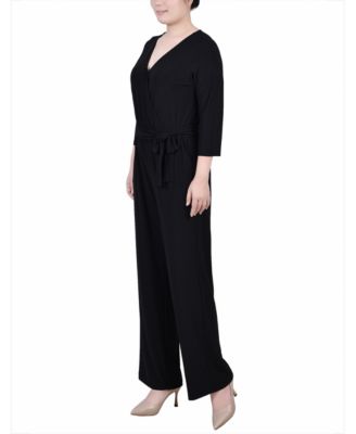 Petite Short 3/4 Sleeve Belted Wide Leg Jumpsuit