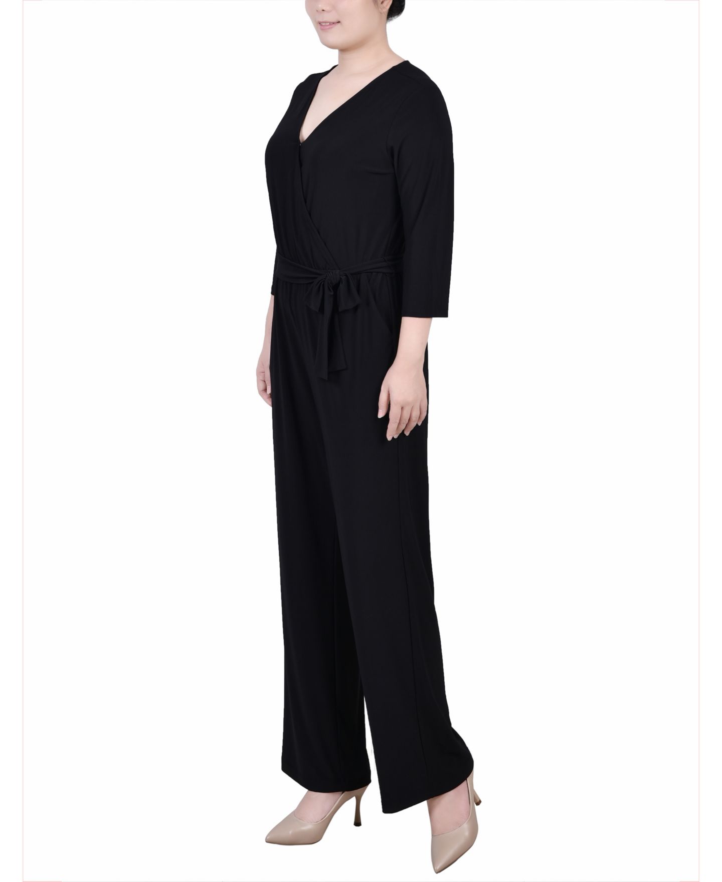 Женский комбинезон NY Collection Petite Short 3/4 Sleeve Belted Wide Leg Jumpsuit, цвет: Чёрный — фото 3
