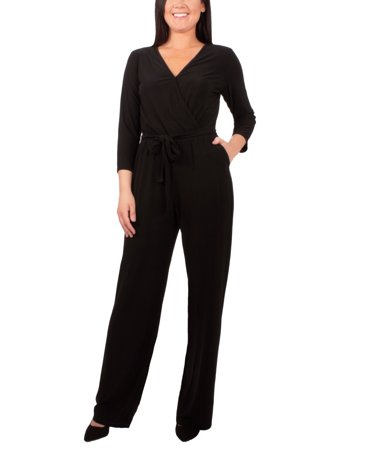 Petite 3/4 Sleeve Printed Belted Jumpsuit - Oil Green