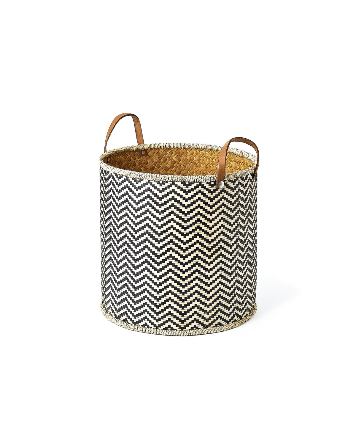 Shop Baum Round Palm Leaf Woven Baskets With Faux Leather Handles, Set Of 3 In Gray