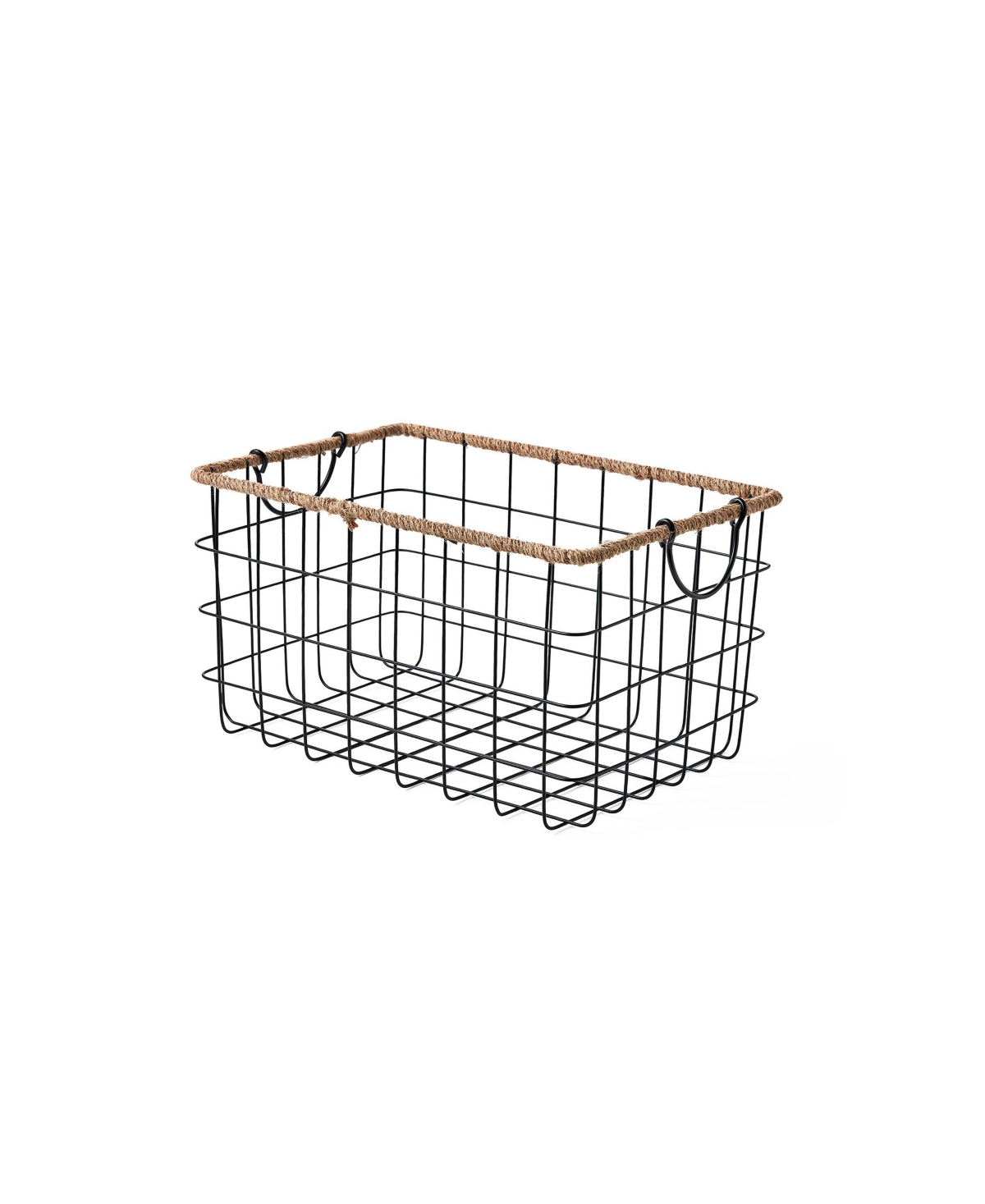 Shop Baum Rectangular Grid Black Wire Baskets With Jute Rim And Fold Down Ear Handles, Set Of 3 In Black,natural