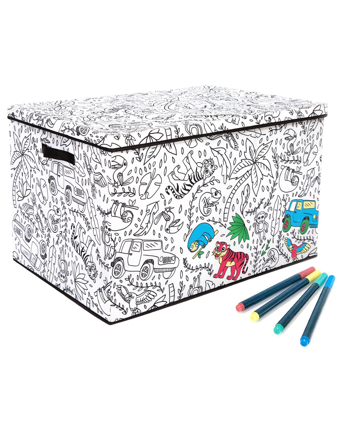 Kid's Coloring Jungle Print Large Lidded Trunk with Removable Divider and 4 Washable Markers Set - Jungle Print