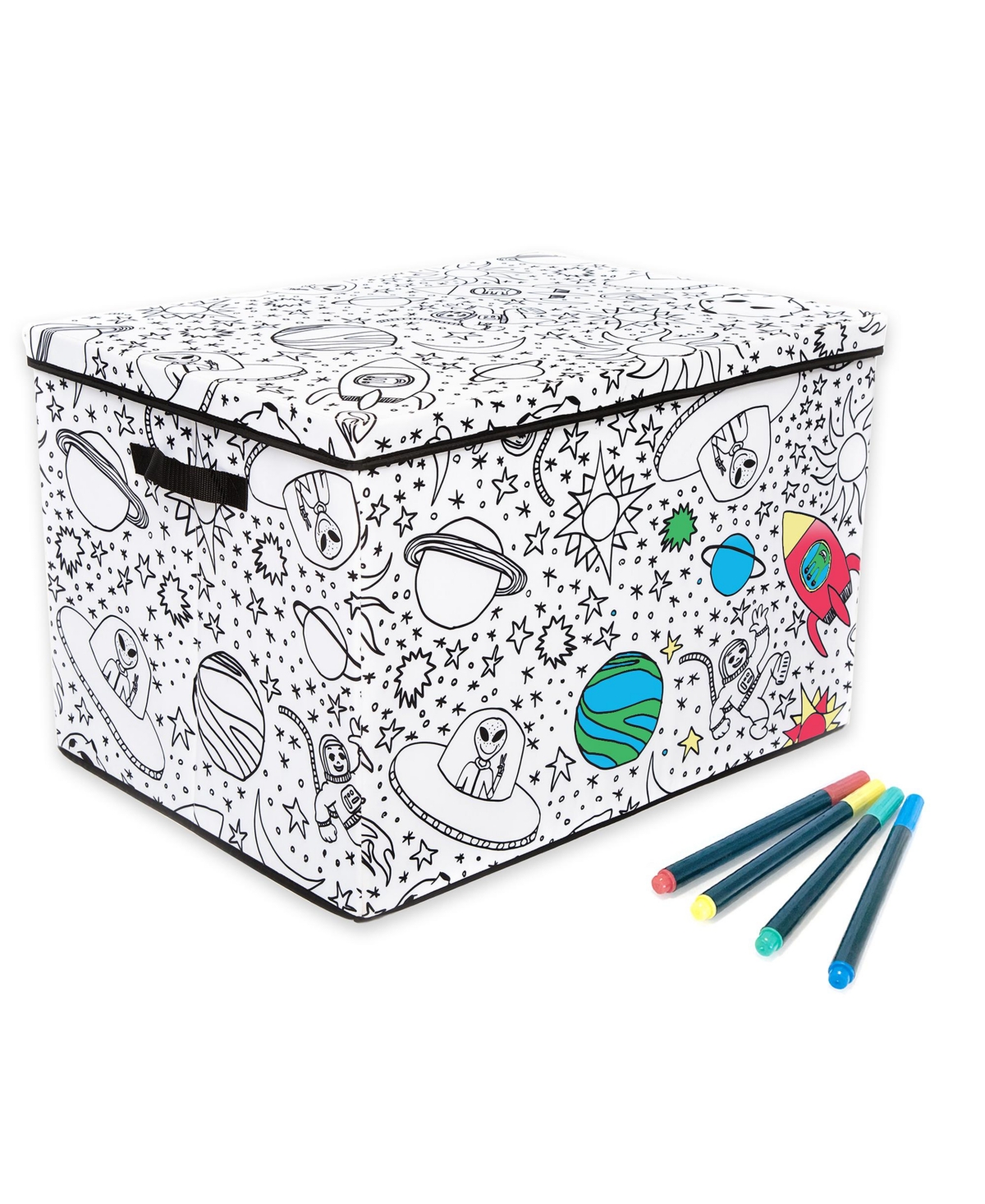 Kid's Coloring Space Print Angled Storage Bin with Lid and 4 Washable Markers Set - Space Print