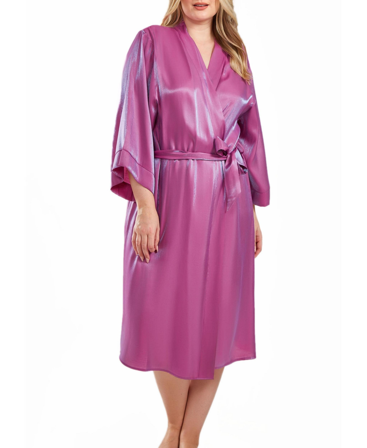 Icollection Skyler Plus Size Irredesant Robe With Self Tie Sash And Inner Ties In Purple