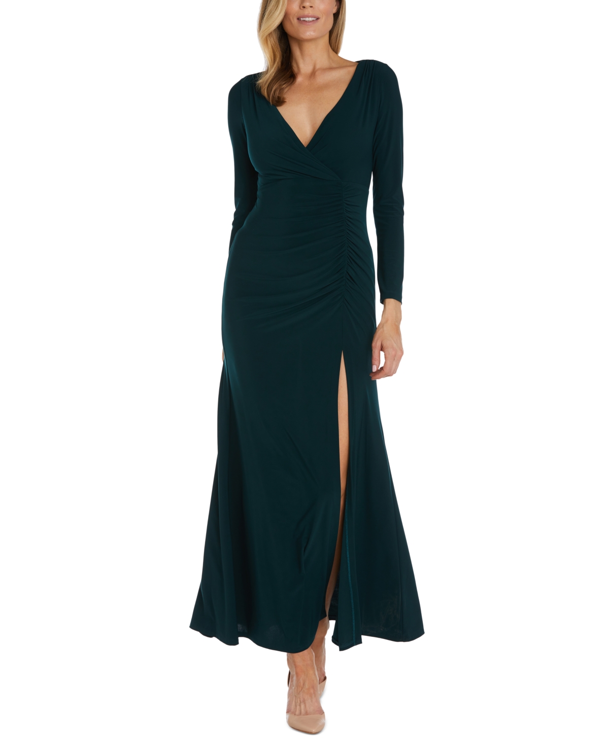 Nightway Women's V-neck Long-sleeve Ruched Dress In Hunter