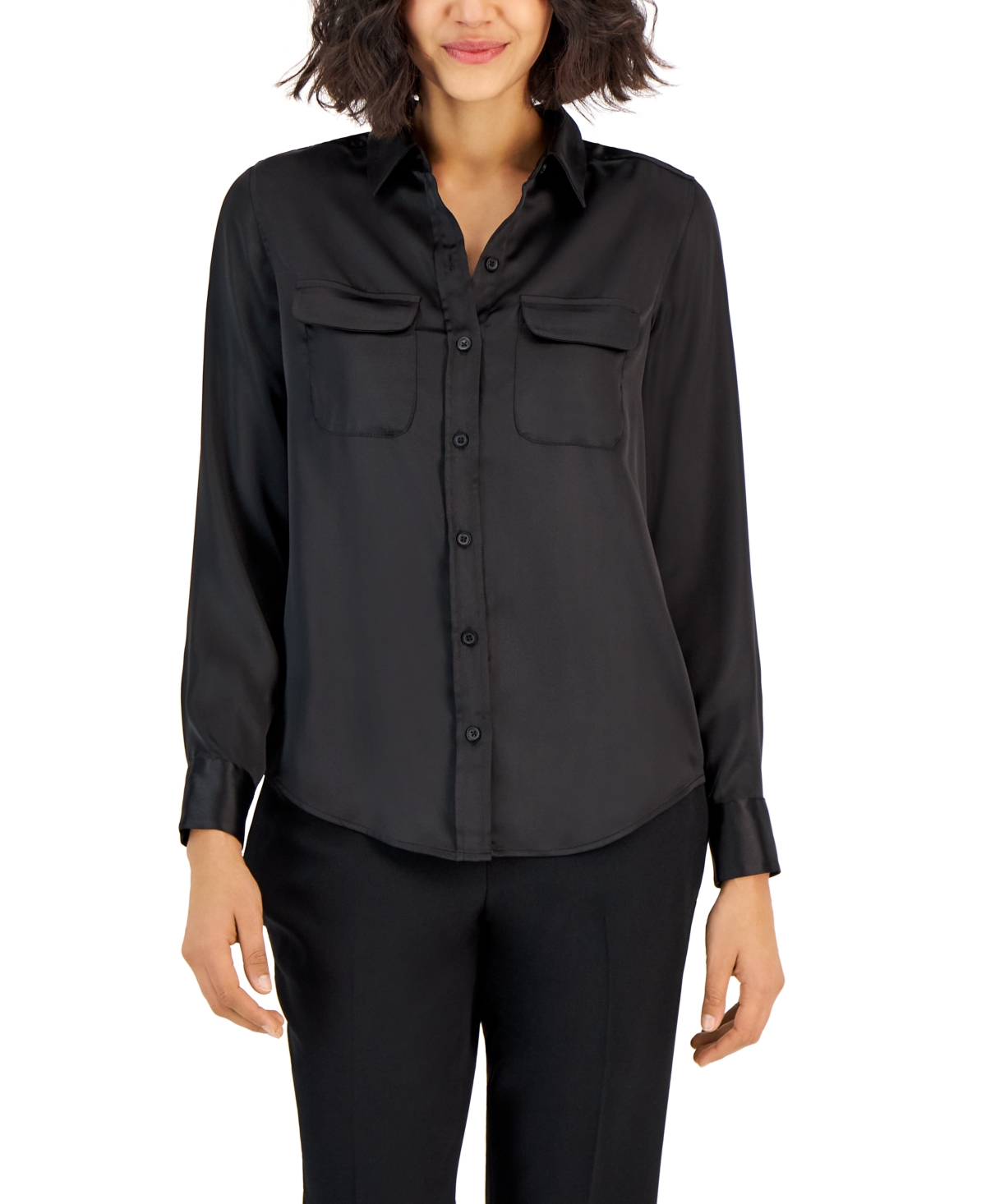 Alfani Women's Satin Collared Utility Blouse, Created For Macy's In Deep Black