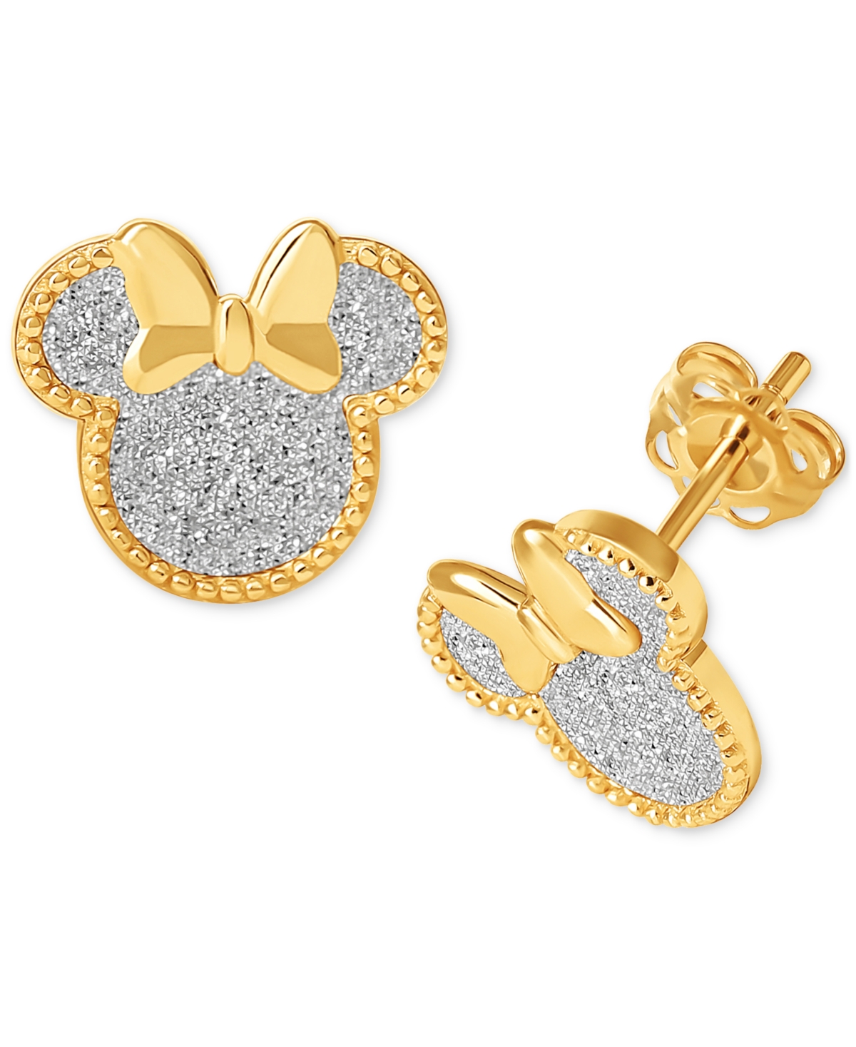 Disney Minnie Mouse Glitter Stud Earrings In 18k Gold-plated Sterling Silver In Gold Over Silver