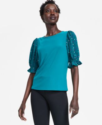 CeCe - Women's Mixed Media Puff Sleeve Top