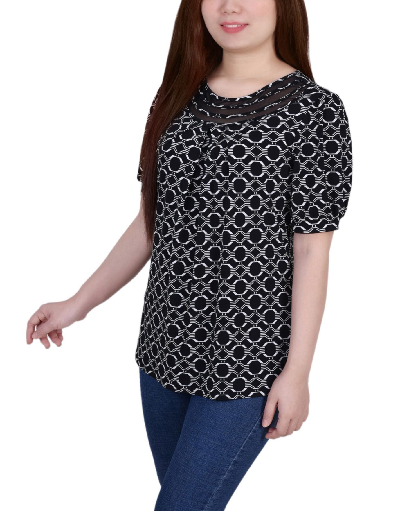 Женский топ NY Collection Petite Short Puff Sleeve Mesh Inset, цвет: Чёрный белый — фото 4