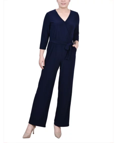 Petite Short 3/4 Sleeve Belted Wide Leg Jumpsuit - Navy