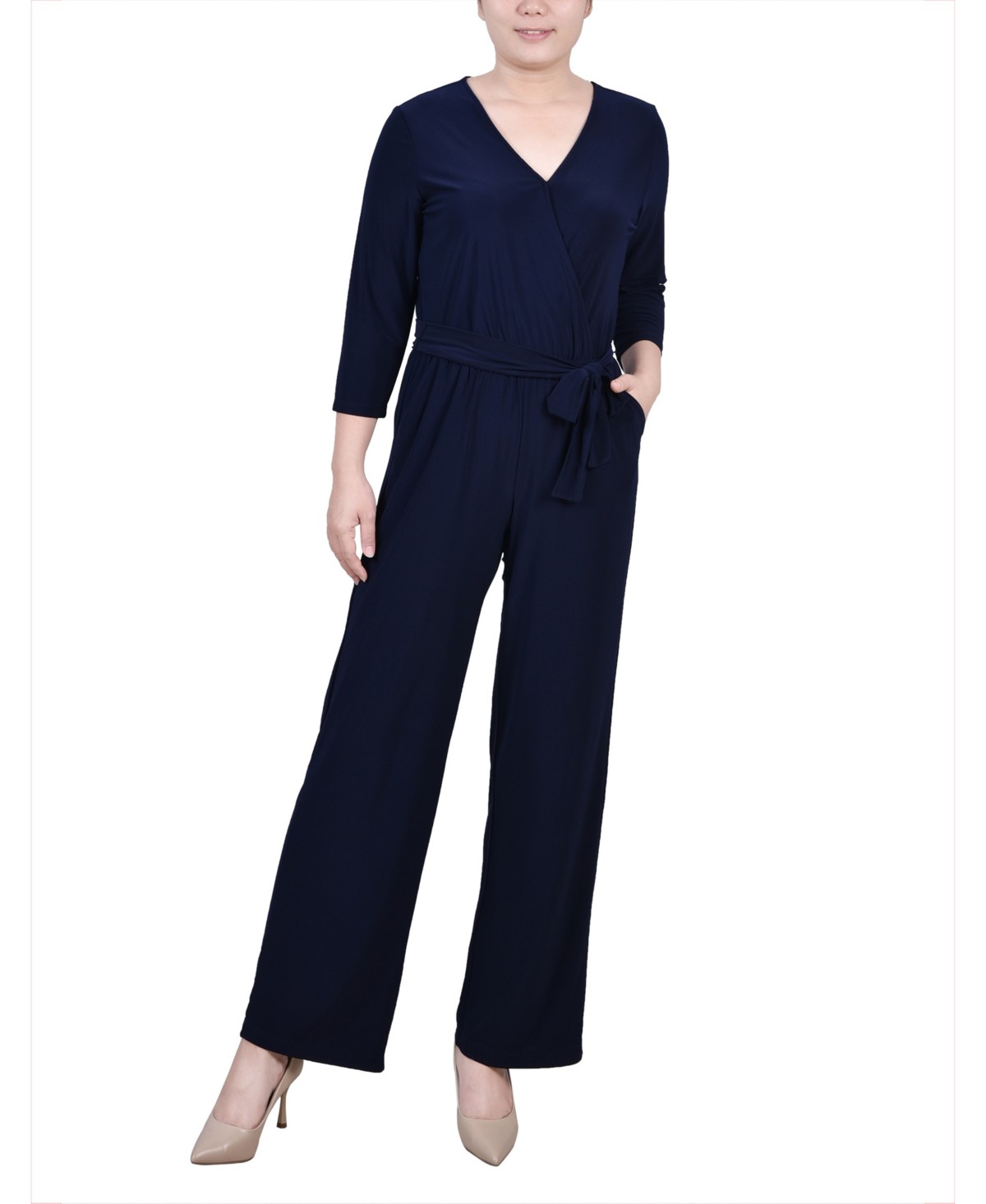 Женские NY Collection Petite Short 3/4 Sleeve Belted Wide Leg Jumpsuit — фото 1