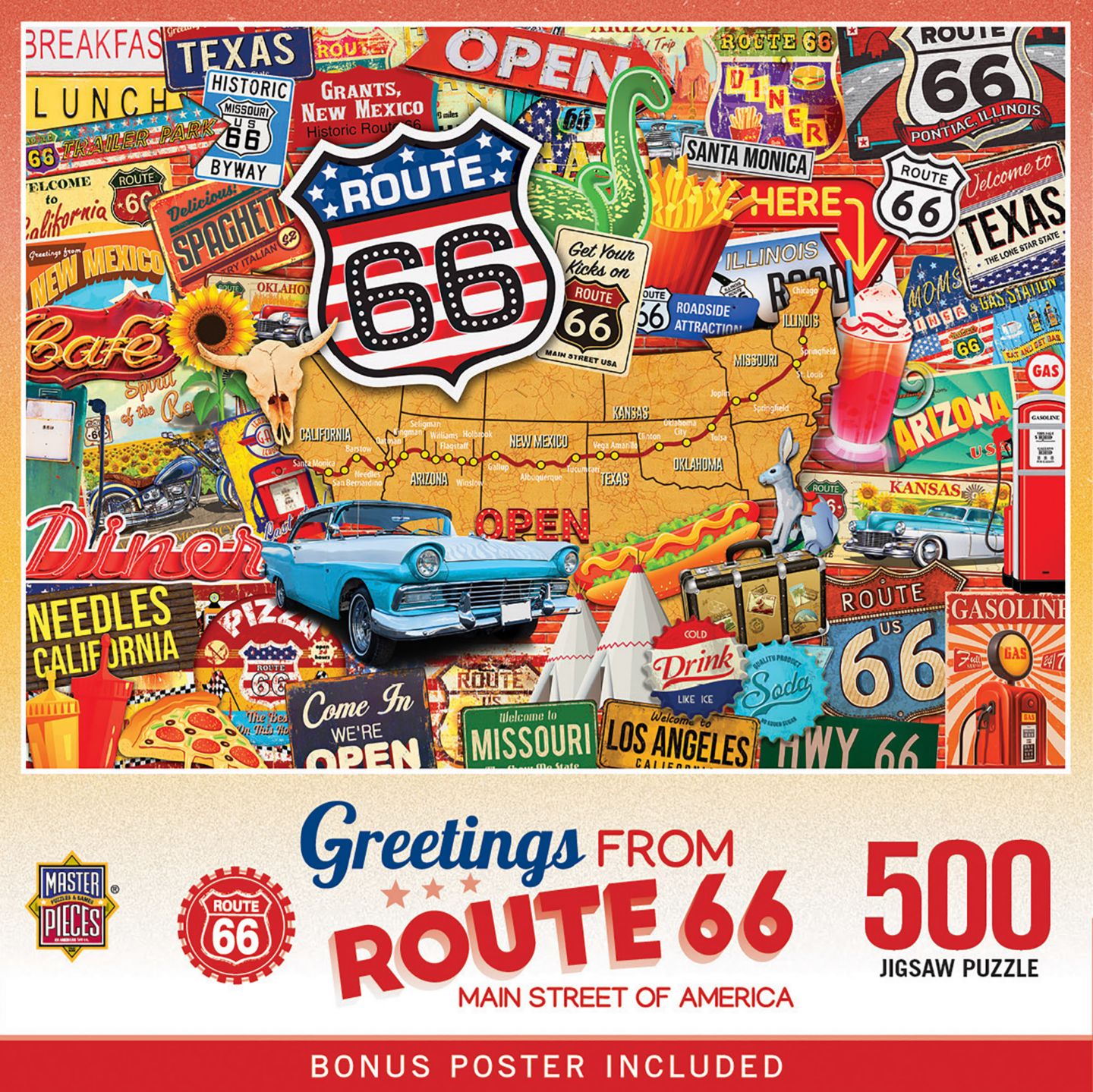 Детская игрушка MasterPieces Puzzles Greetings From Route 66 - 500 Piece Jigsaw Puzzle, цвет: Разноцветный — фото 1