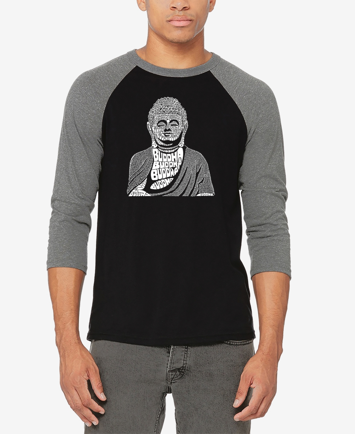 La Pop Art Men's Raglan Baseball 3/4 Sleeve Buddha Word Art T-shirt - Black
