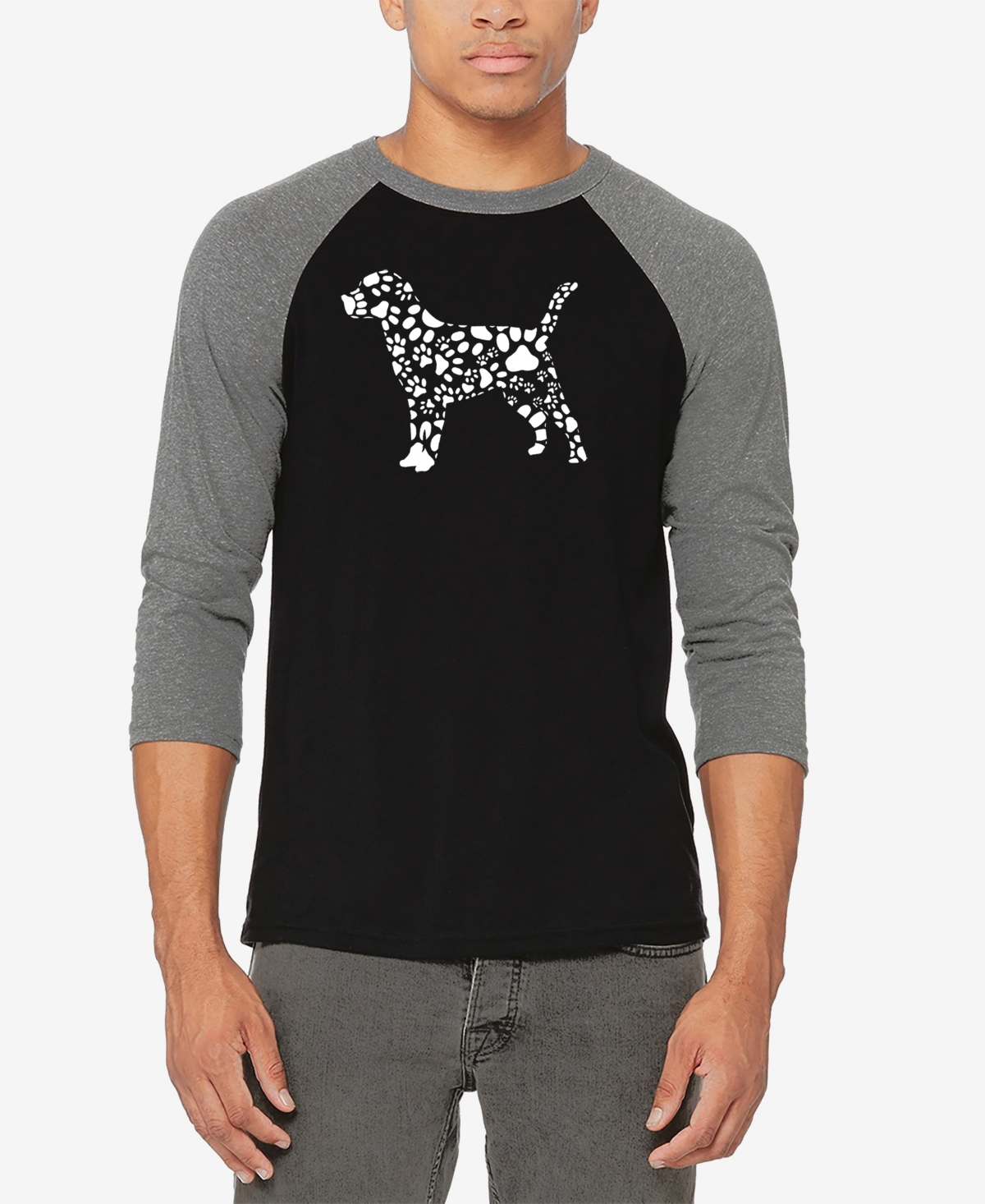 La Pop Art Men's Raglan Baseball 3/4 Sleeve Dog Paw Prints Word Art T-shirt - Black