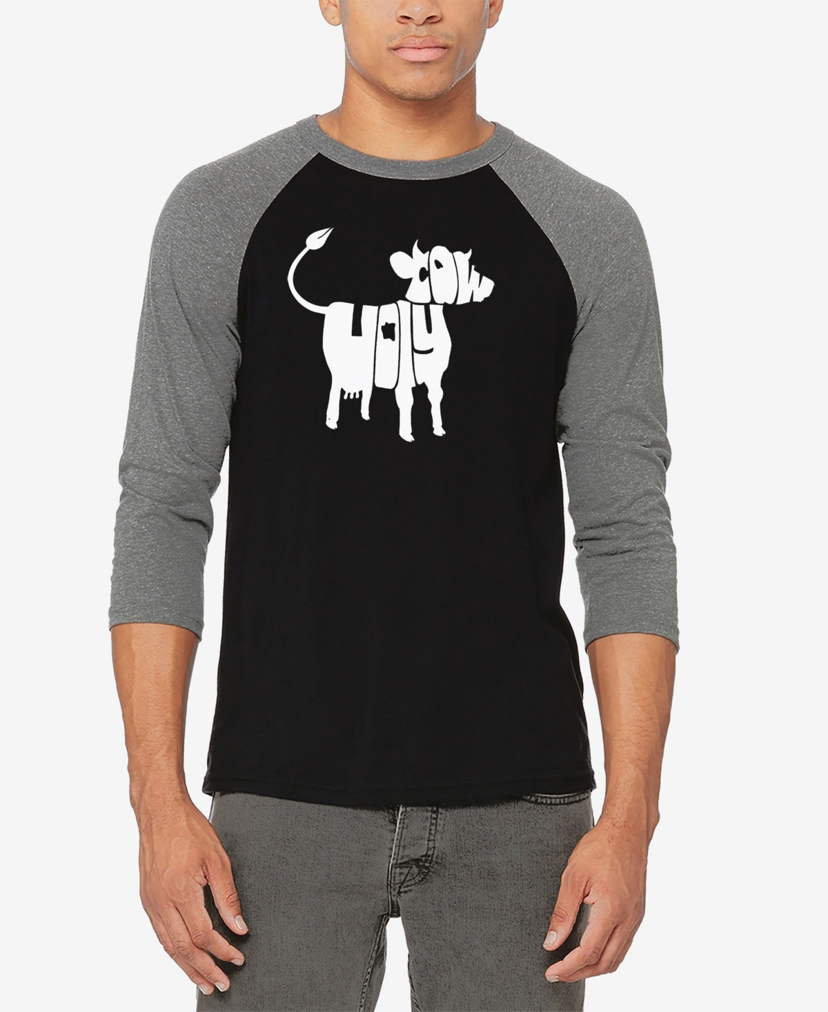La Pop Art Men's Raglan Baseball 3/4 Sleeve Holy Cow Word Art T-shirt - Black