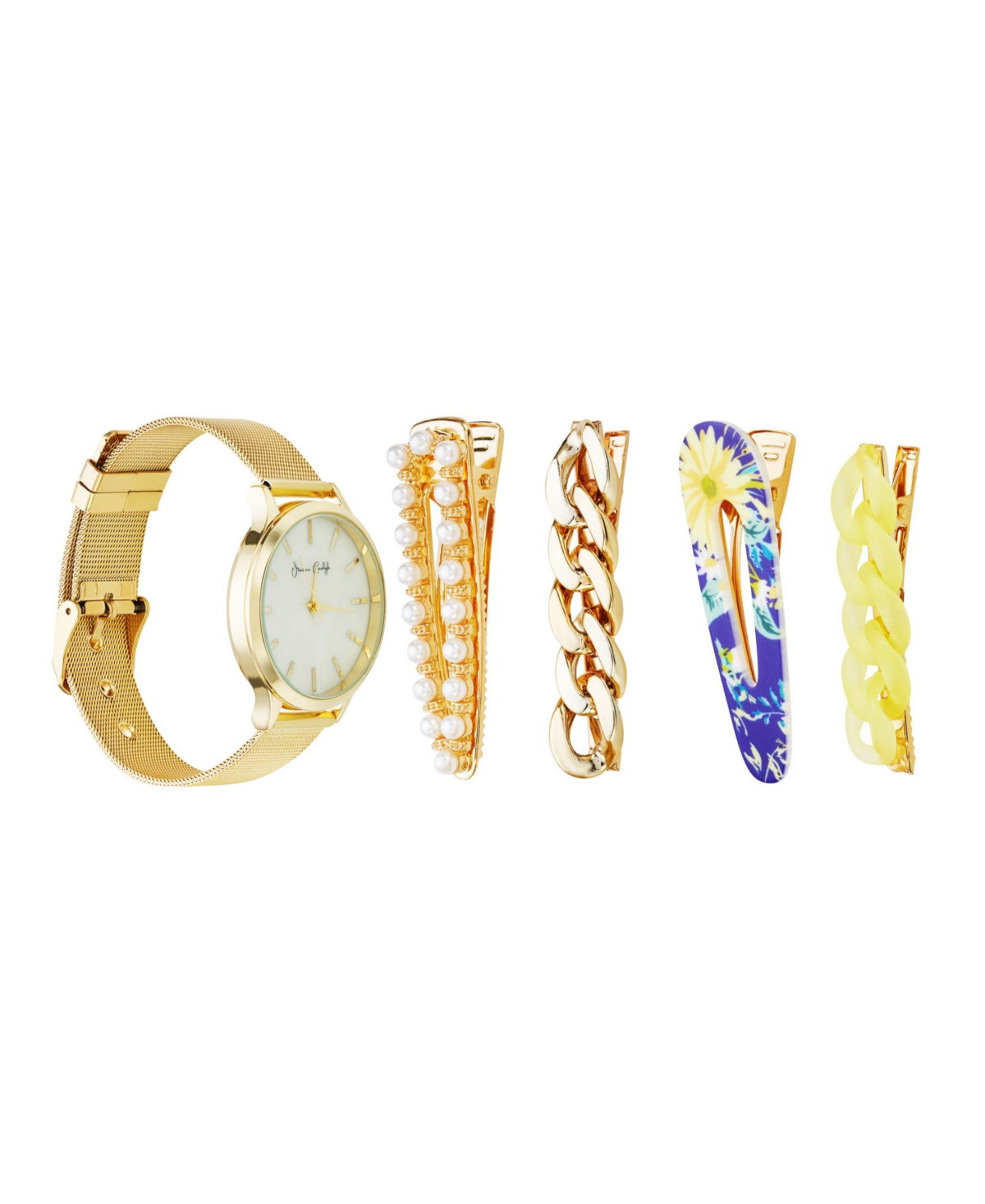 Jessica Carlye Women's Quartz Movement Gold-Tone Mesh Bracelet Analog Watch, 36mm with Hair Pin Set - Shiny Gold-Tone Mesh, White Mother Of Pe