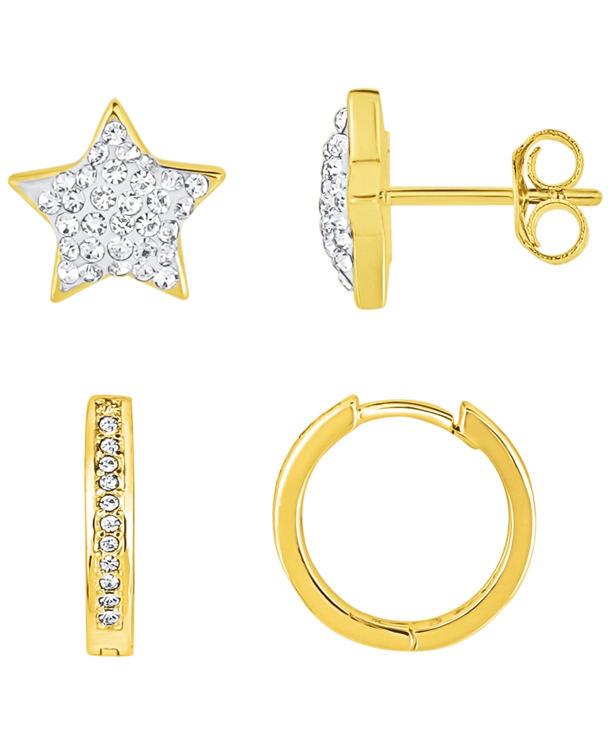 2 Pair Crystal Hinged Hoop and Crystal Pave Star Stud Gold-Plated Earring Set - Gold-Plated