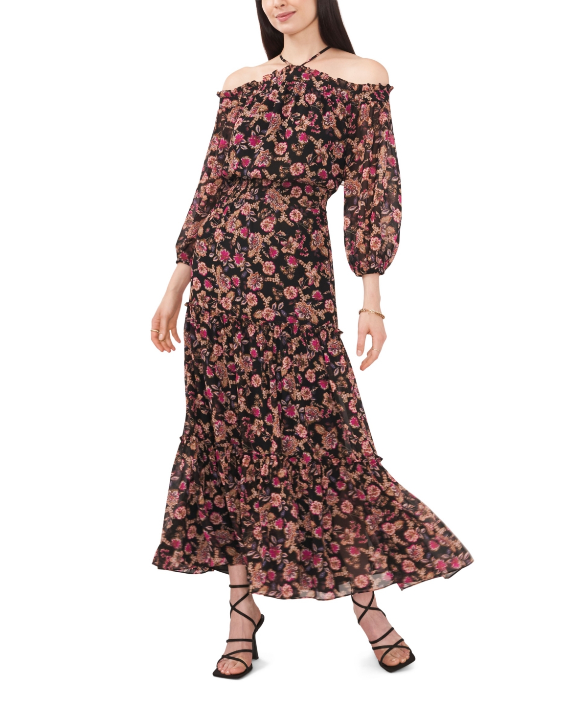Women's Long Sleeve Smocked Waist Halter Maxi Dress - Wood Block Floral