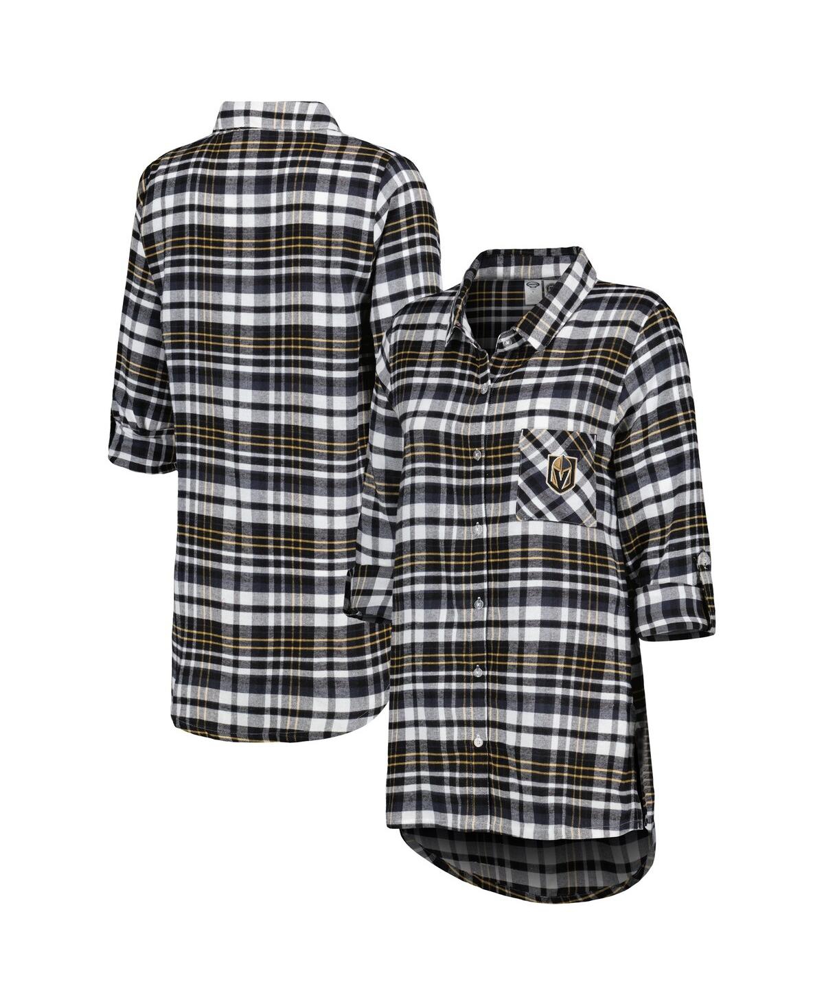 Women's Concepts Sport Black Vegas Golden Knights Mainstay Flannel Full-Button Three-Quarter Sleeve Nightshirt - Black