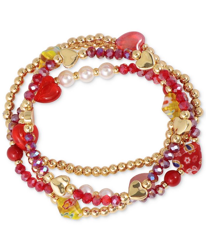 Macy's GoldTone 4Pc. Set Mixed Stone Bead & Heart Stretch Bracelets