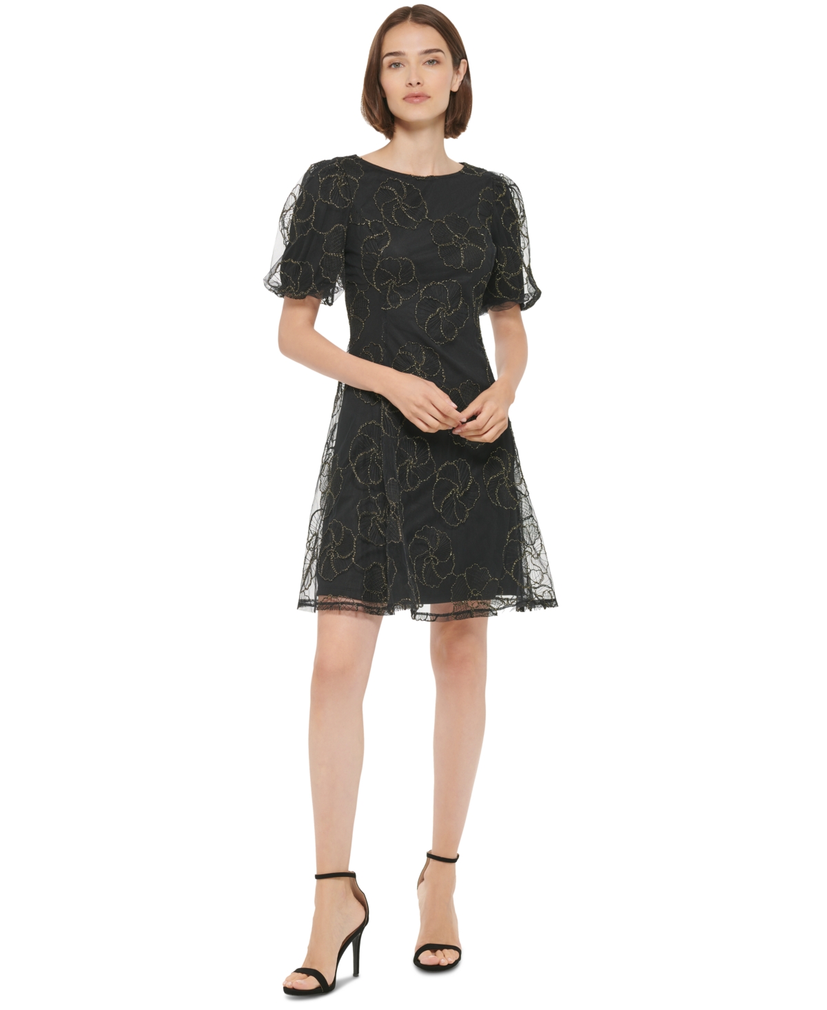 Dkny Embroidered Puff-Sleeve Fit & Flare Dress | Smart Closet