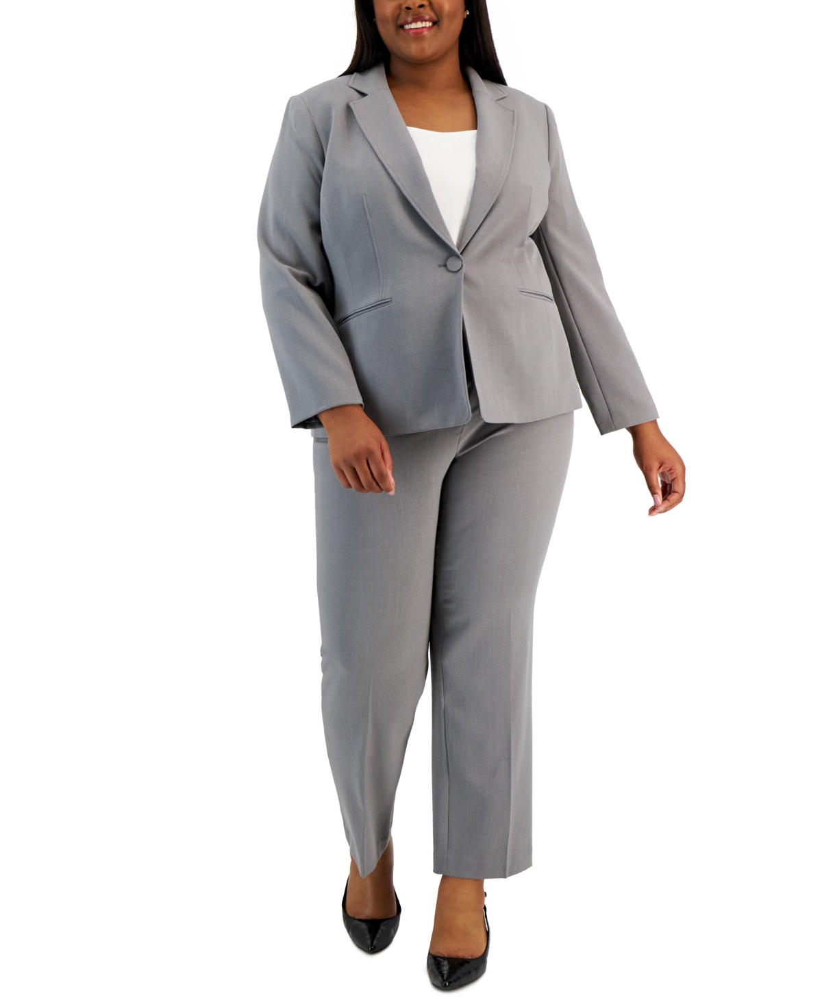 Le Suit Plus Women's Notched-lapel Blazer Pants Suit Set In Granite