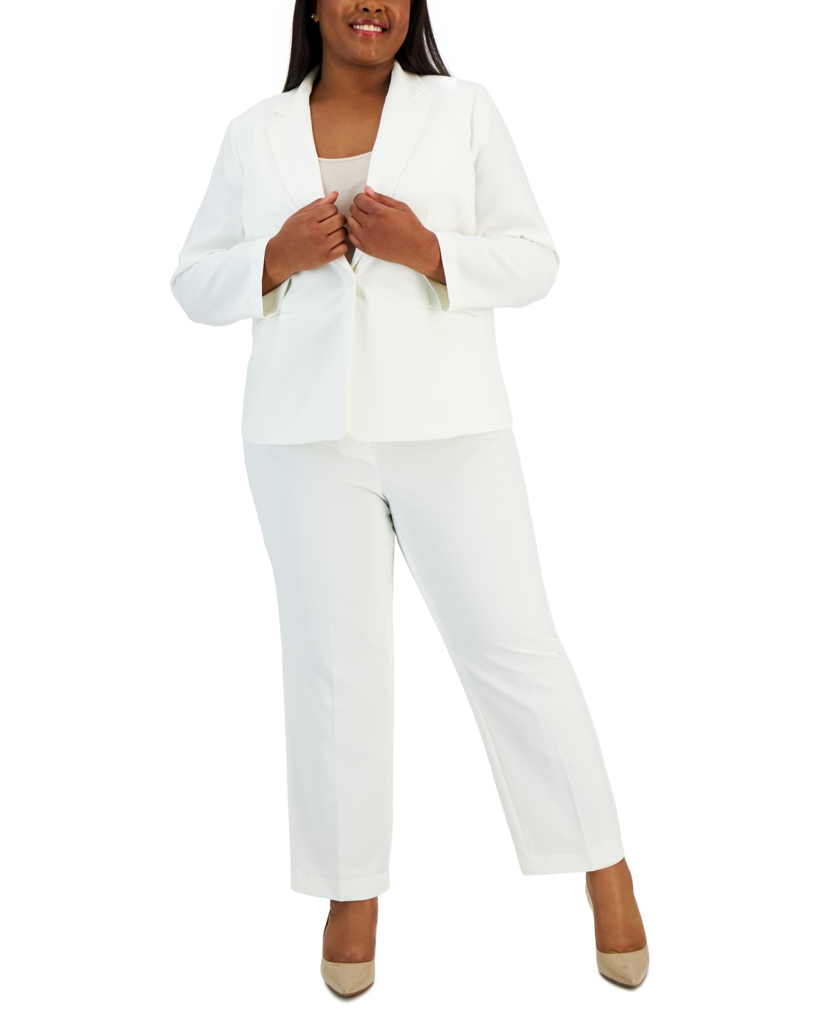 Le Suit Plus Women's Notched-lapel Blazer Pants Suit In Vanilla Ice