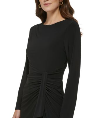 DKNY Velvet Side Ruched Mini Dress With Sheer Chiffon Sleeves - Surplice Neckline