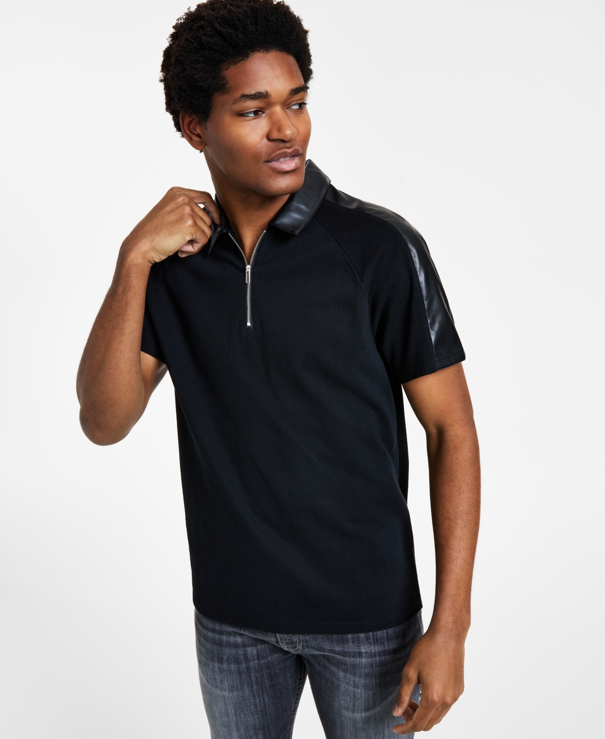 Inc International Concepts Men's Classic-Fit Short-Sleeve Zip Polo Shirt with Faux Leather Piecing, Created for Macy's