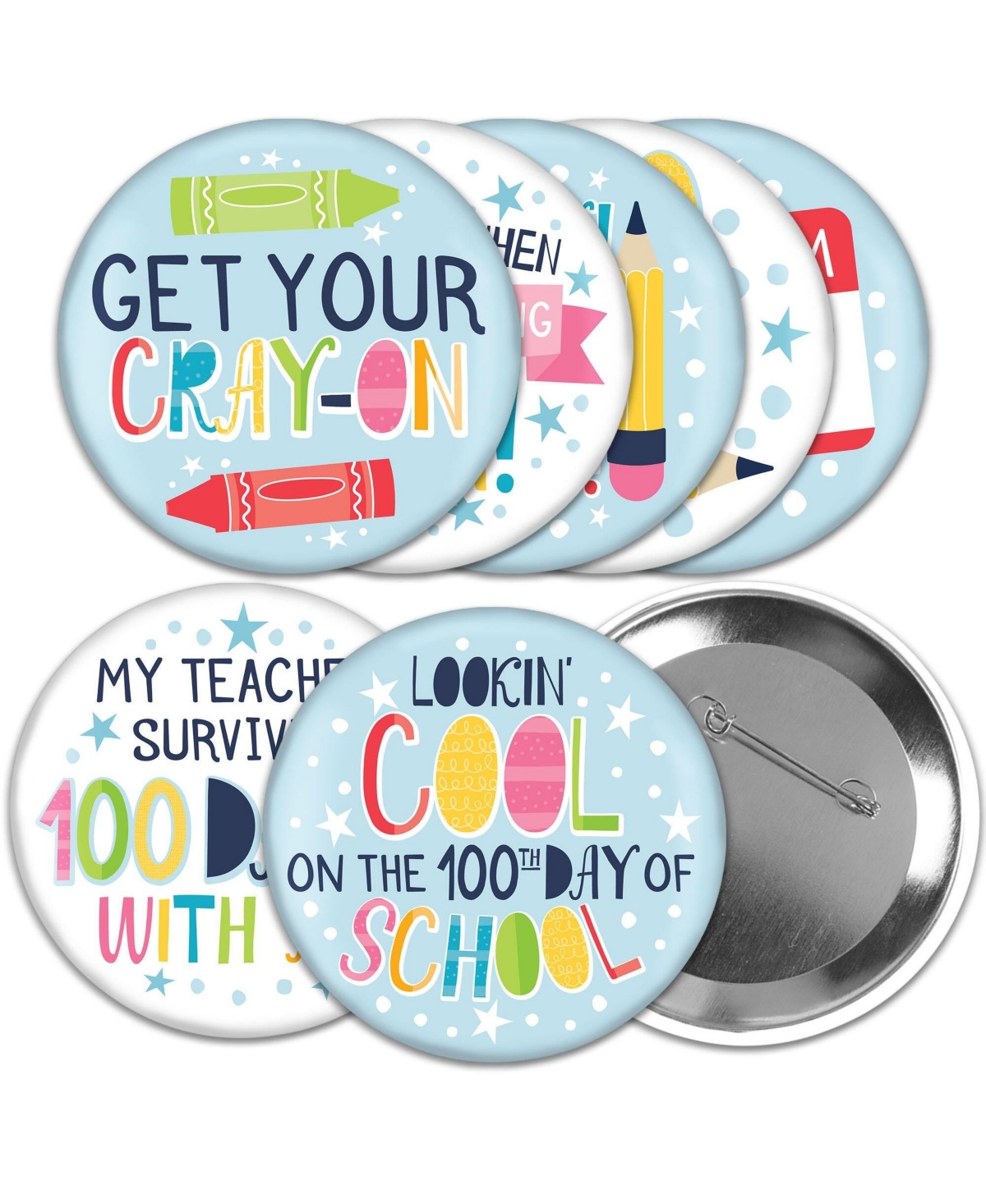 Happy 100th Day of School - 3 in 100 Days Party Badge - Pinback Buttons - 8 Ct