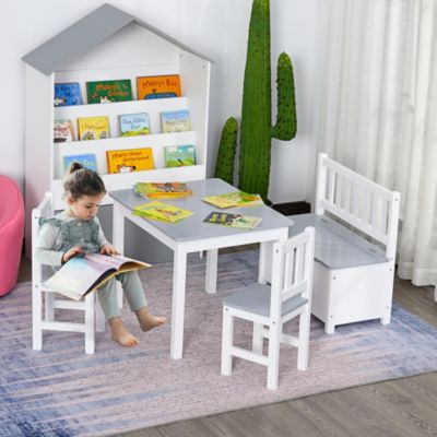4-Piece Kids Table Set with 2 Wooden Chairs, 1 Storage Bench,