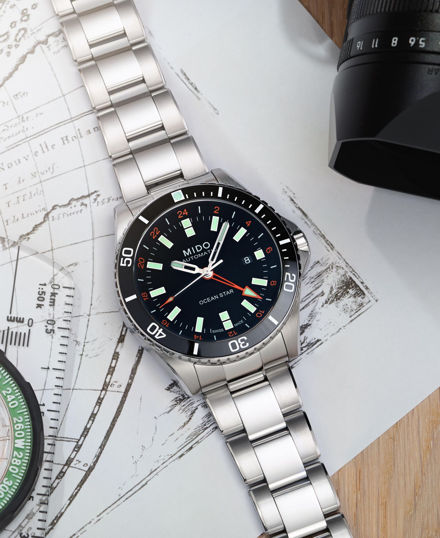 Мужские часы Mido Swiss Automatic Ocean Star GMT Stainless Steel Bracelet Watch 44mm — фото 2