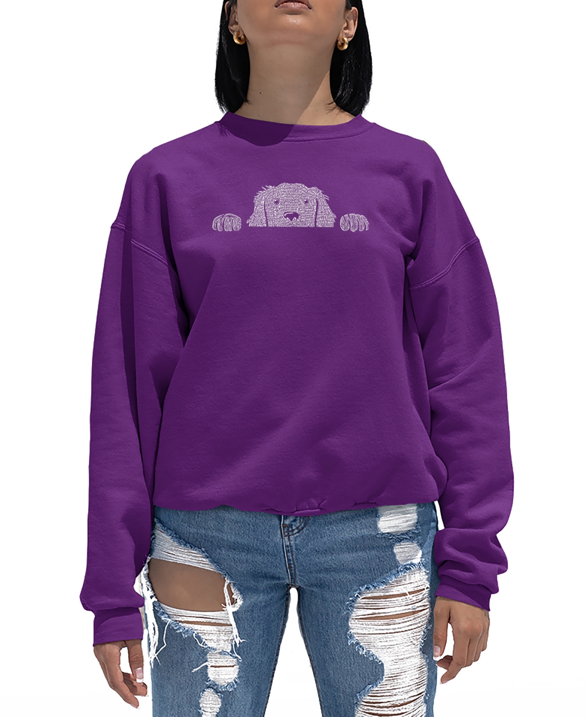 La Pop Art Women's Peeking Dog Word Art Crewneck Sweatshirt In Purple