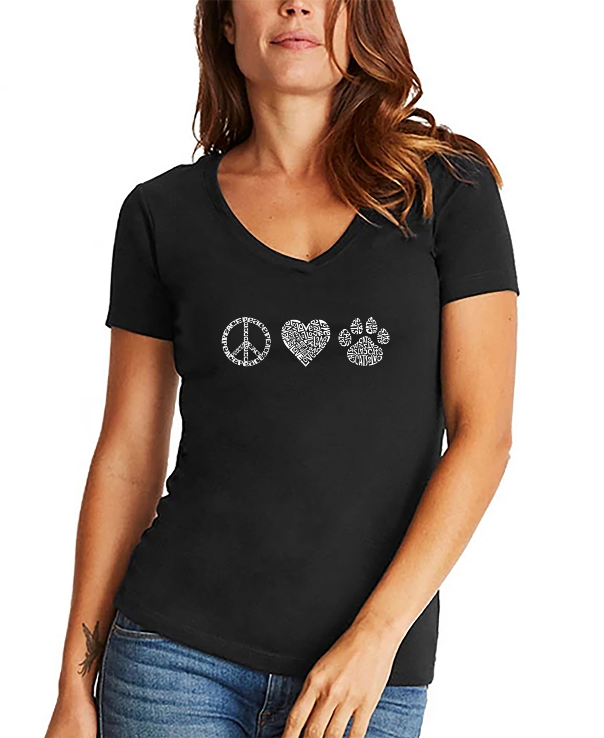 Women's Peace Love Cats Word Art V-neck T-shirt - Black